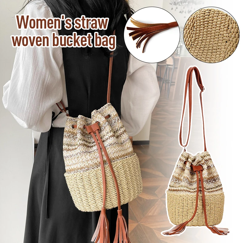 

2024 Summer Woven Straw Bag Women Shoulder Bag Drawstring Bucket Bag Crossbody Bag Raffia Beach Bag Retro Travel Purse Handbag