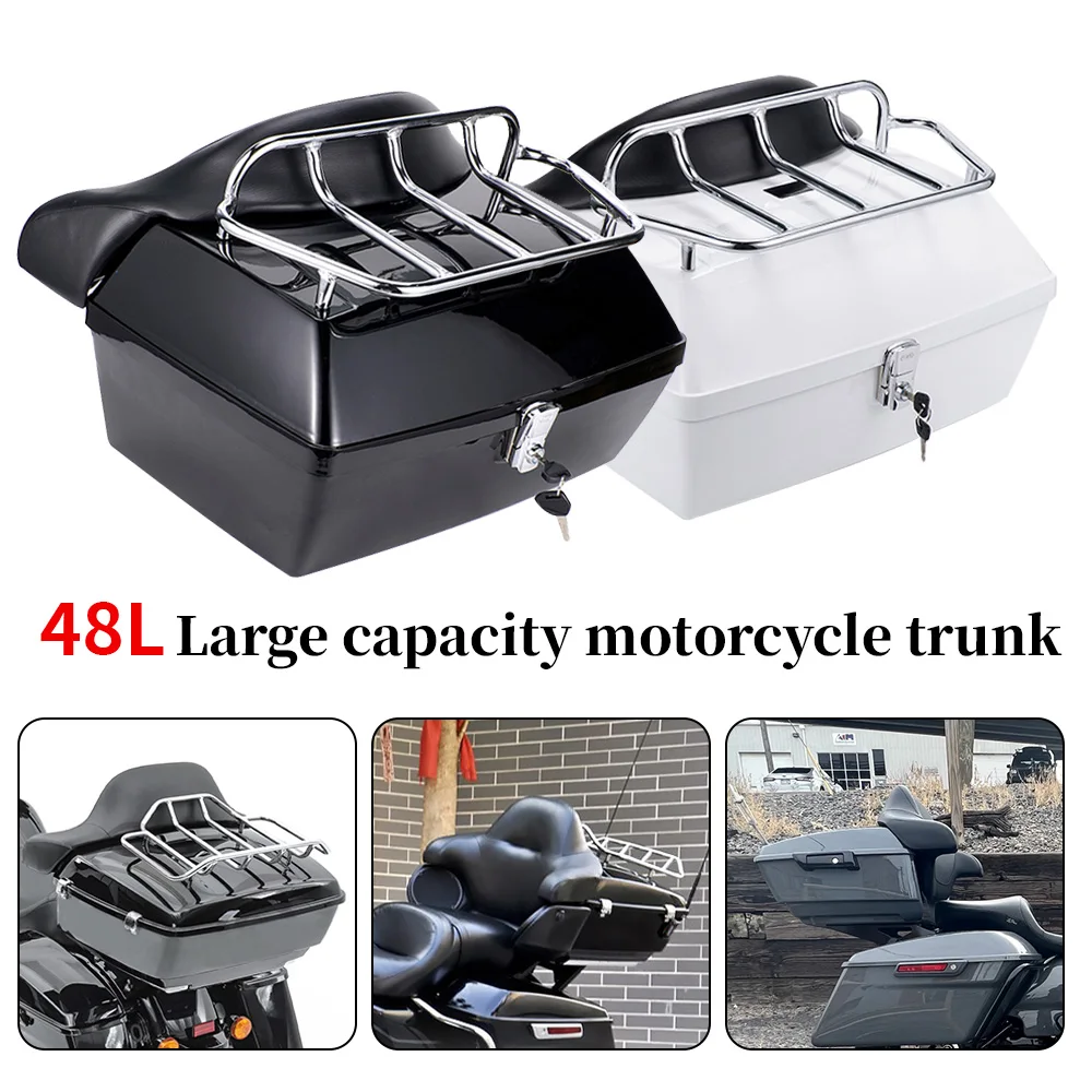 48L Motorcycle Trunk Rear Storage Box Tail Luggage Trunk Case Toolbox w/Backrest Pad Scooter Motorbike Universal