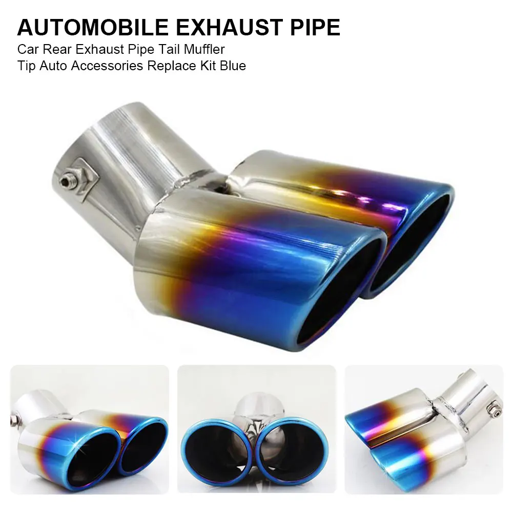 Car Exhaust Systems Muffler Tip Stainless Steel Dual Outlet Burnt Blue Slant Tail Pipe Silencer Tip Auto Parts Exterior Accessor