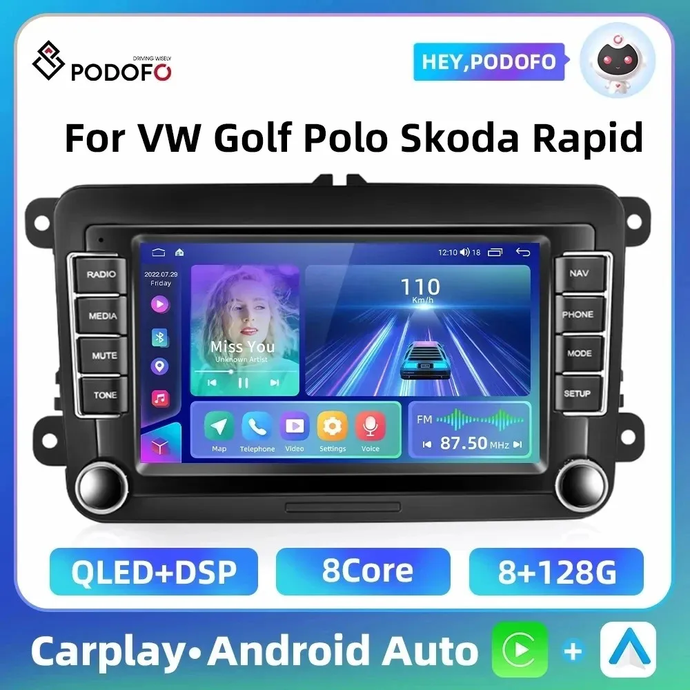 Podofo 8 Core 8+128G Car Radio Stereo For VW Golf Polo Skoda Rapid Android 10 7'' AI Voice 4G WIFI DSP QLED GPS BT Car Player