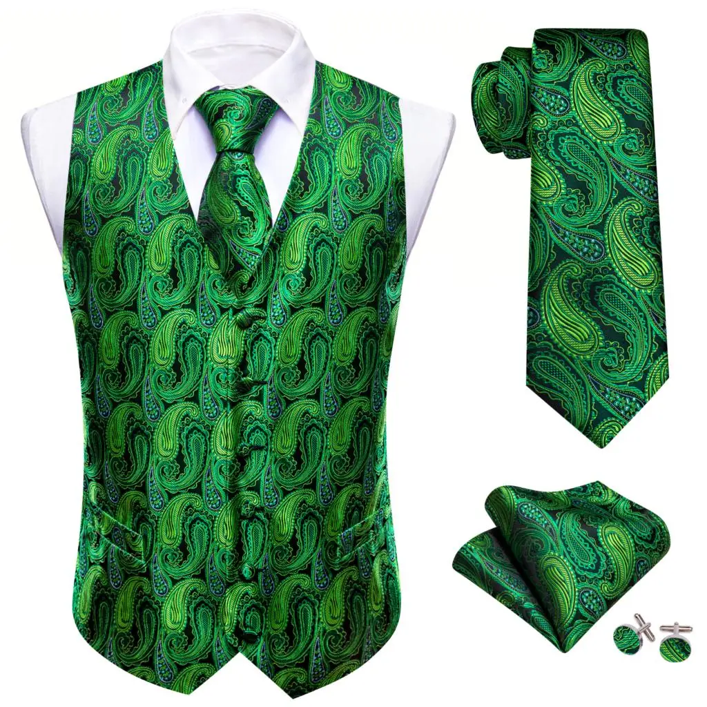 

Elegant Man Suit Vest Silk Green Paisley Wedding Party Waistcoat Tie Set Male Clothes Dress Formal Sleeveless Jacket Barry Wang