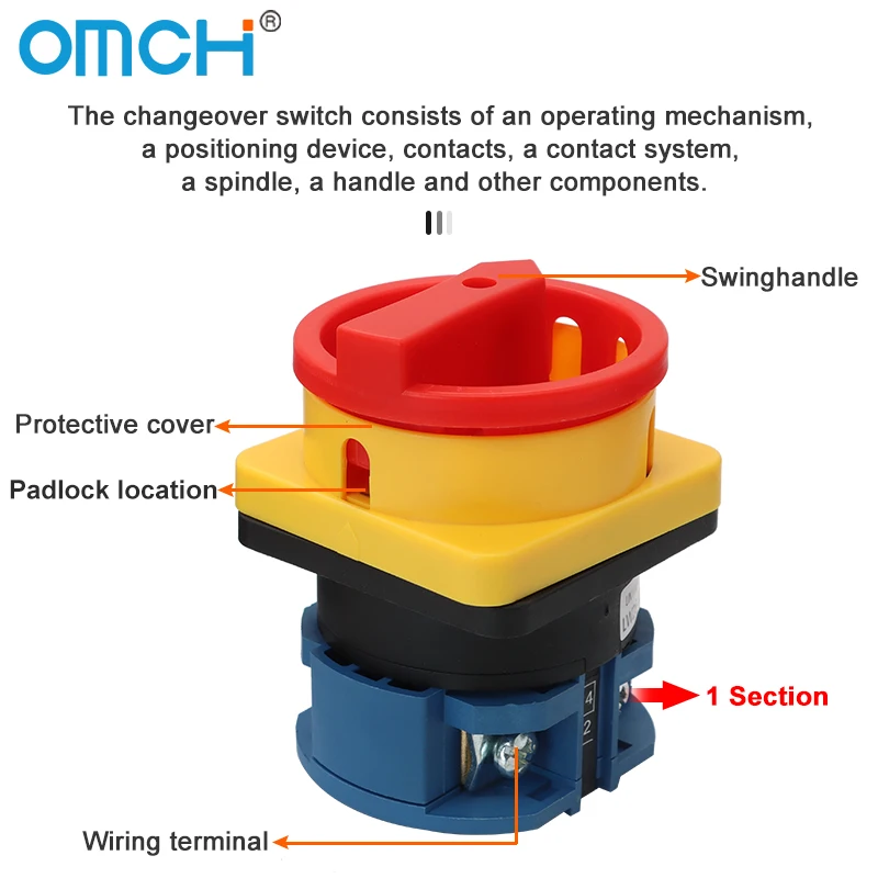 OMCH 440V Contato de Prata Série LW26GS Chave Seletora Rotativa Tipo Cadeado 20/32/63A Liga-Desliga Duas Posições 48x48mm 64x64mm 1/2/3/4 Polos