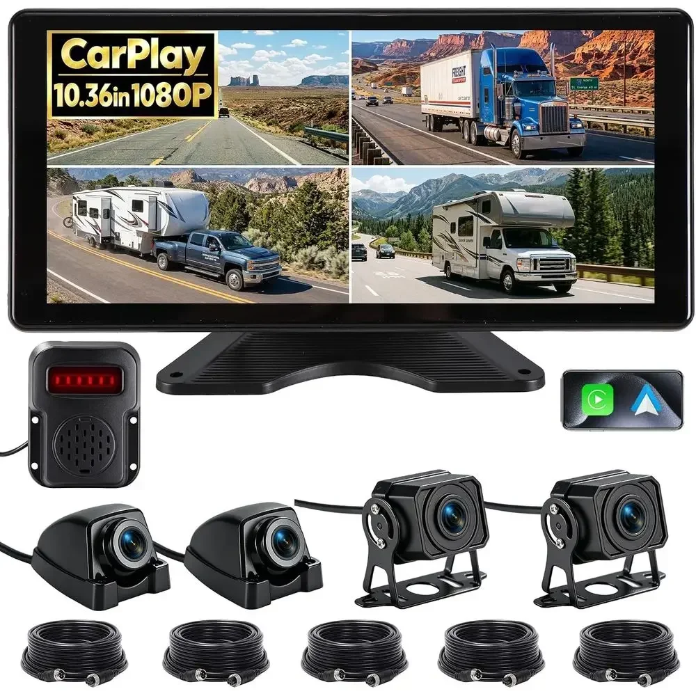 RV Camera System with CarPlay Android Auto 10.36 Inch Touch Monitor | 4 1080P wired IP69 backup cameras, BSD blind spot alert, 2