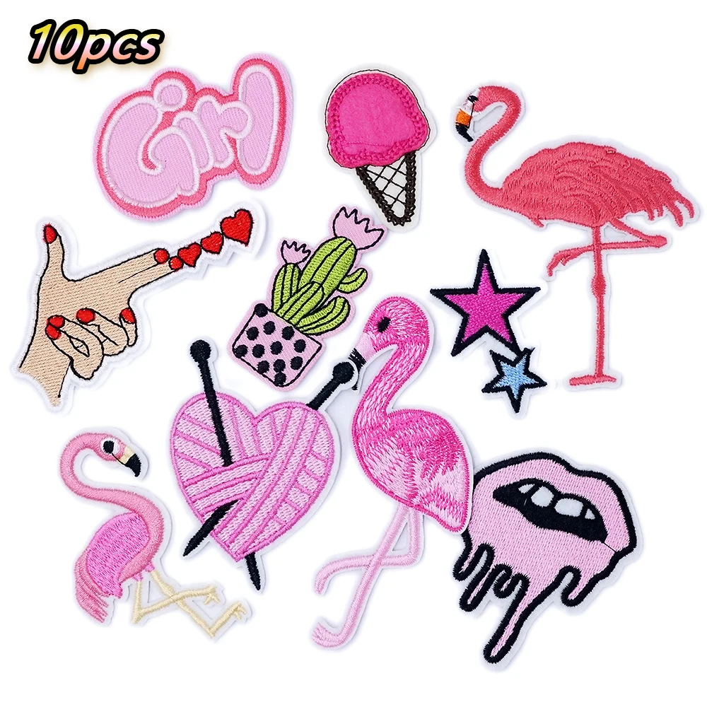 10Pcs/Lot Girl Flamingo Embroidered Iron on Patch for Clothing Applique Clothes Accessories Apparel Supplies Patches Decoration