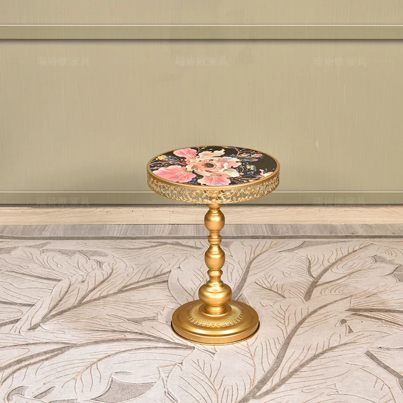 Light luxury gold carved edges, tempered glass painted peony small round table in the corner of the living room sofa