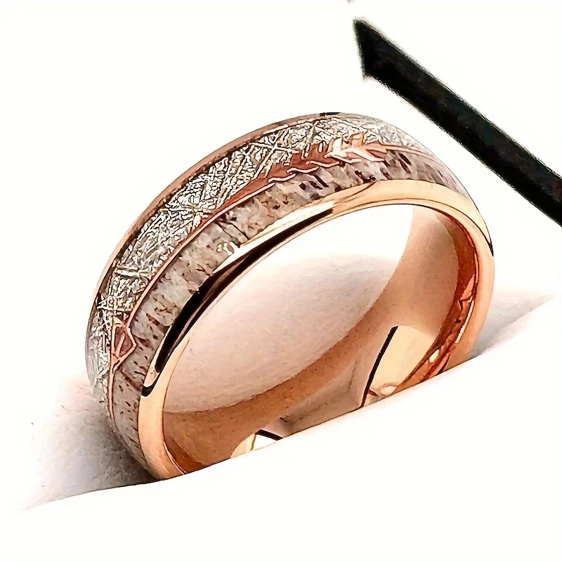 Fashion 8mm Men Stainless Steel Arrow Rings Rose Gold Color Brushed Deer Antler And Meteorite Rings for Men Wedding Band Jewelry