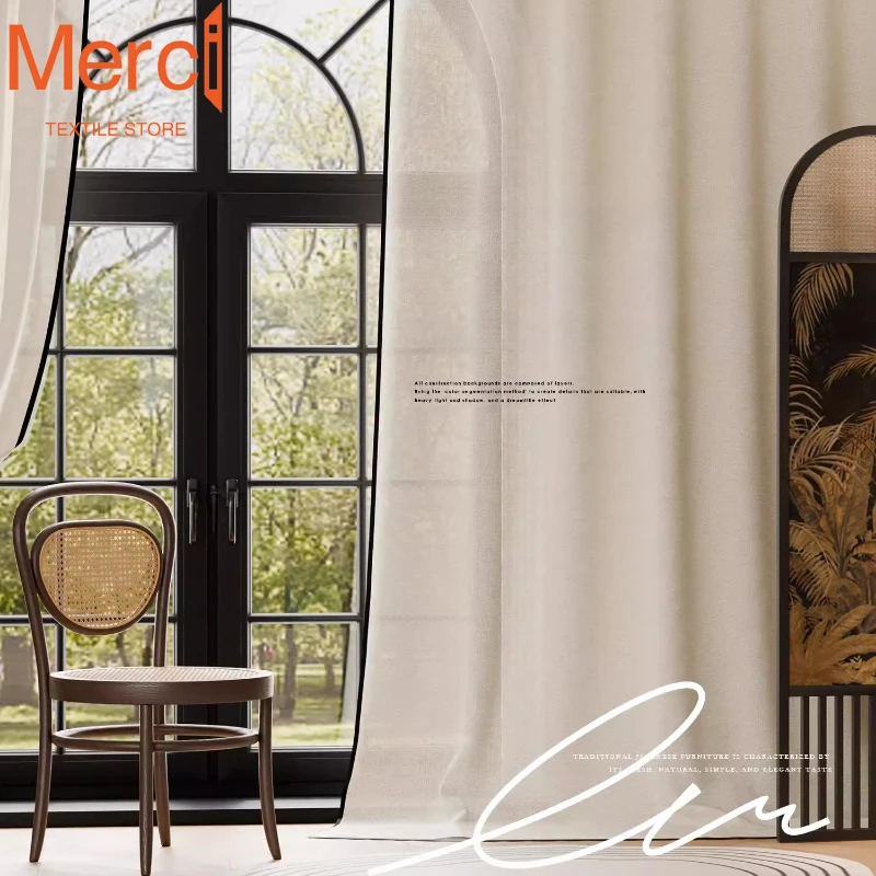 Merci Textile Store Linen Gauze White Sheer Curtains Black Edge Yarn French Retro Light-transparent Bay Window Curtains Veil