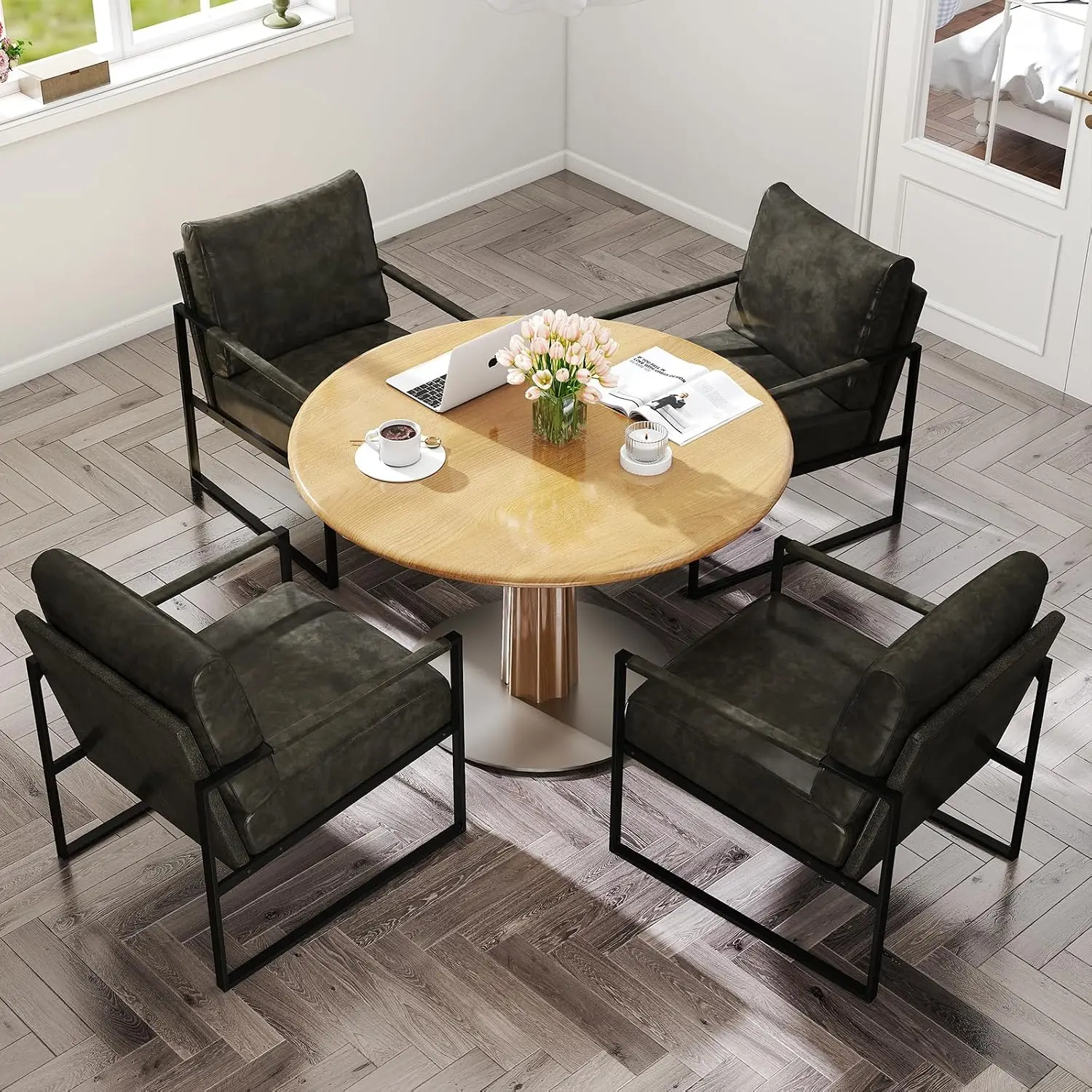 PU Leather Accent Chair 4pcs with Metal Frame & Padded Backrest, Reading Chair for Living Room Bedroom Office, Grey, Customized