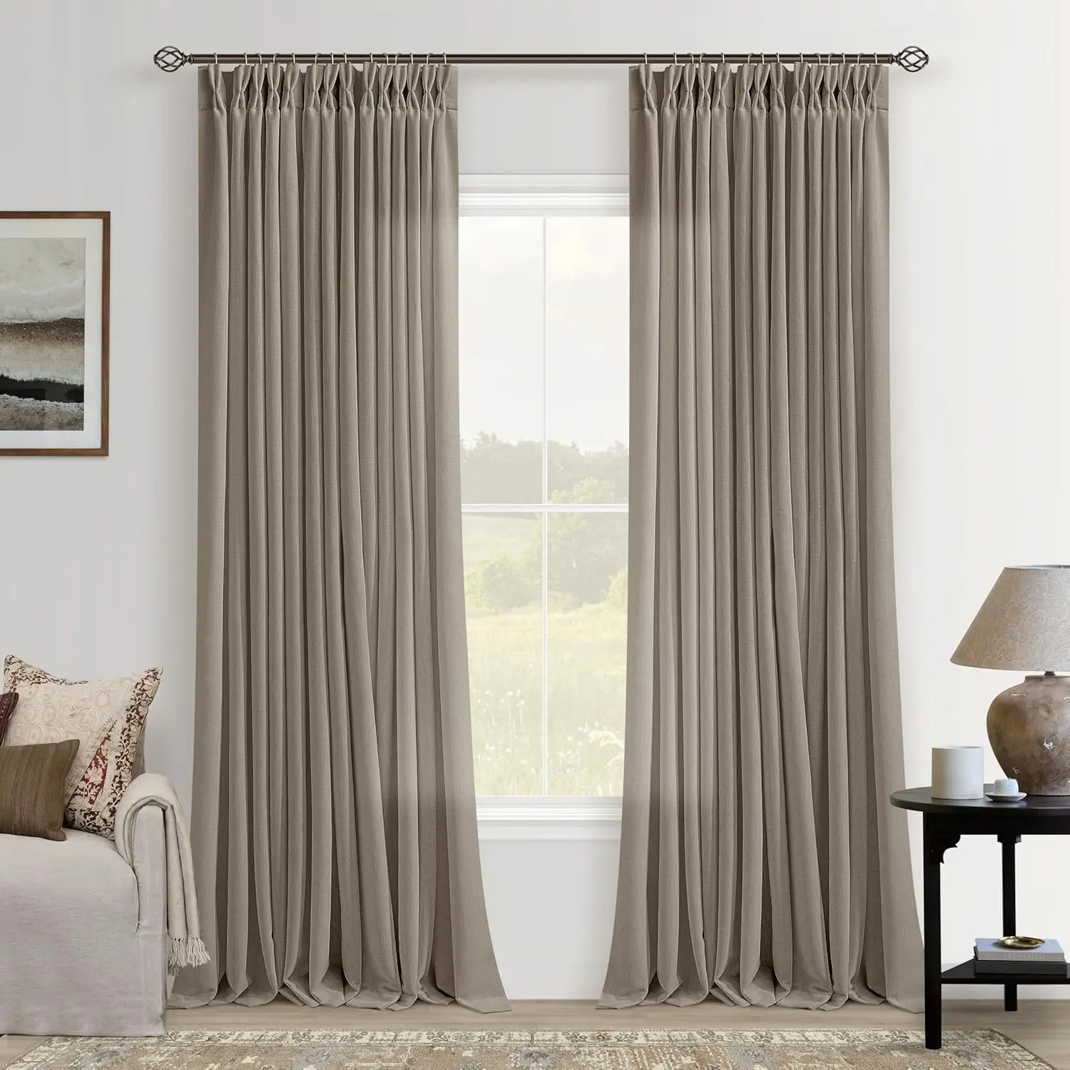 

Greyish Beige Pinch Pleated Linen Curtains 120 Inch Length 2 Panels Set for Living Room Bedroom Light Filtering Taupe Gr