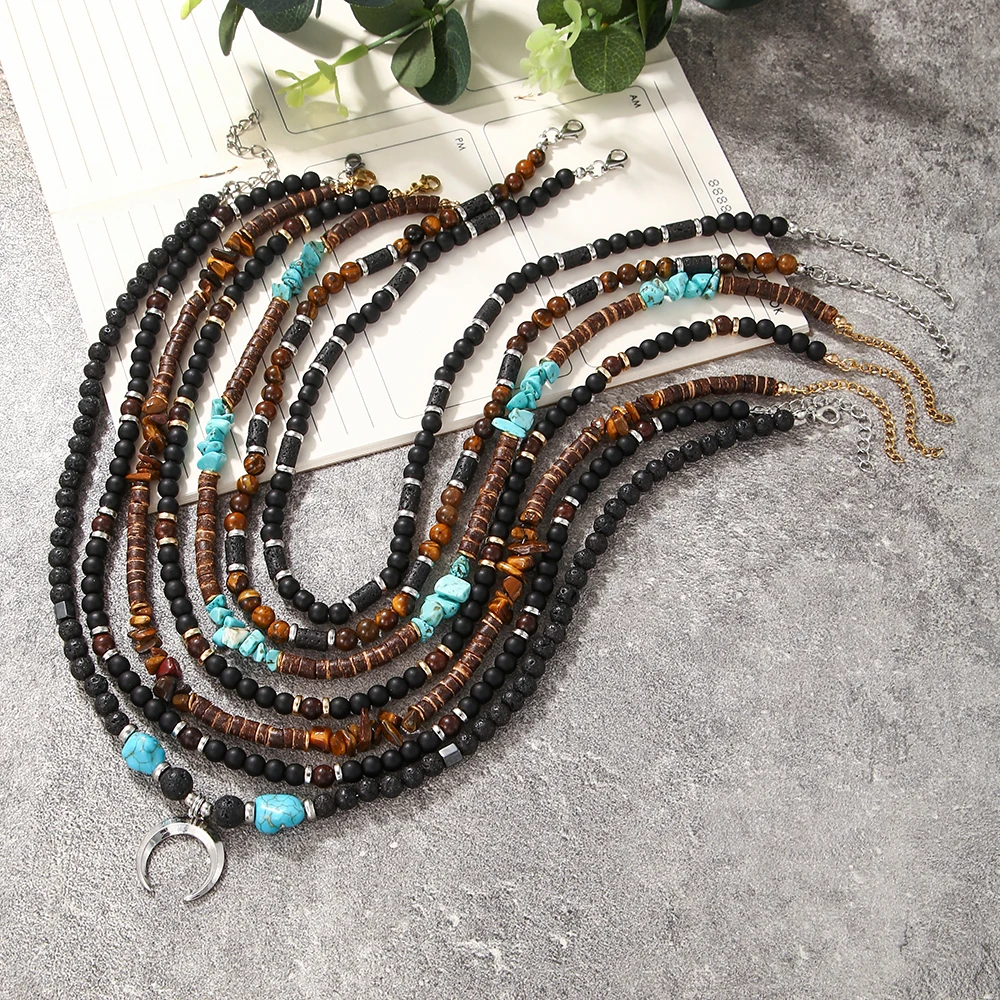 Natural Chip Gravel Lava Turquoise Tiger Eye Stone Beaded Necklace For Men Vintage Stainless Steel Charms Necklace Women Jewelry