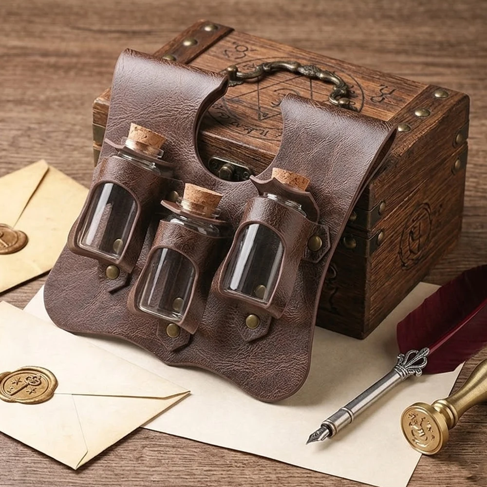 Medieval Costume Accessories Alchemy Magic Potion Bottle with Leather Holder for LARP Cosplay