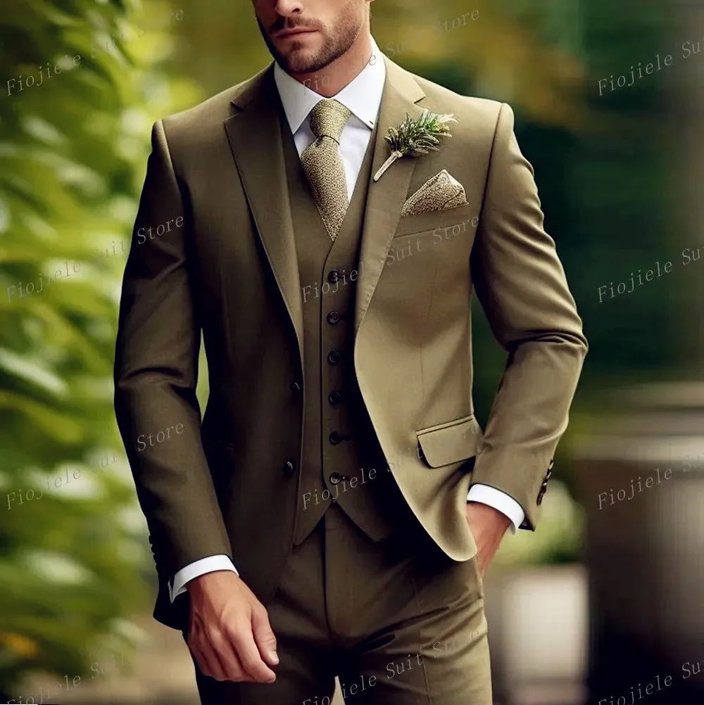 

New Army Green Groom Groomsman Men Suit Wedding Party Formal Occasions Business Male Tuxedo 3 Piece Set Jacket Vest Pants