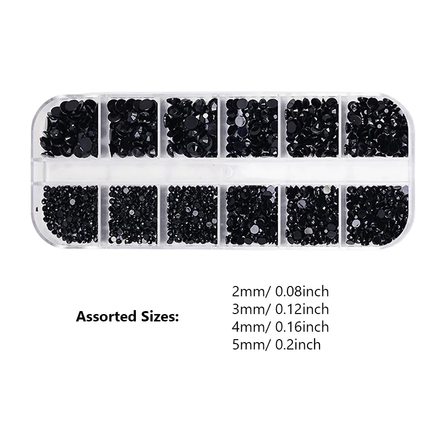 กล่องคริสตัลไรน์สโตนสีดำหลายขนาด ฐานแบน สำหรับตกแต่งเล็บ งานประดิษฐ์ DIY 3 มิติ