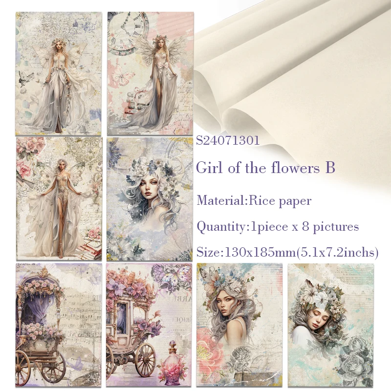 Rice Paper Original Design WuleeGifts Flowers B Retro Scrapbooking Decoration Vintage Junk Journal S24071301 8PCS Craft Papers