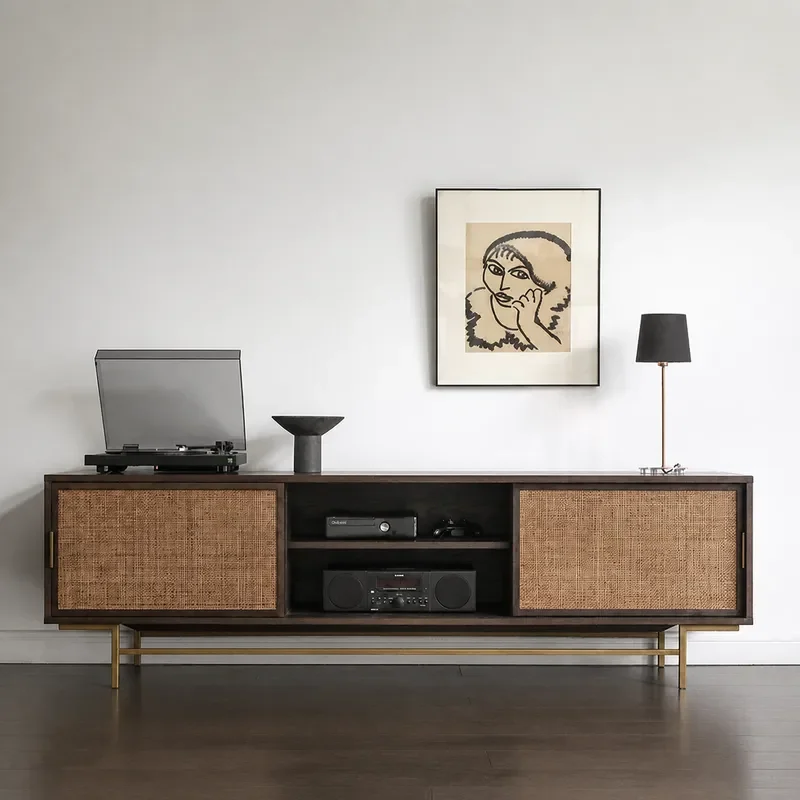 Medieval Retro Wabi-Sabi Solid Wood Rattan TV Cabinet Living Room Nordic Sliding Door Audio-Visual Floor-to-Ceiling Storage