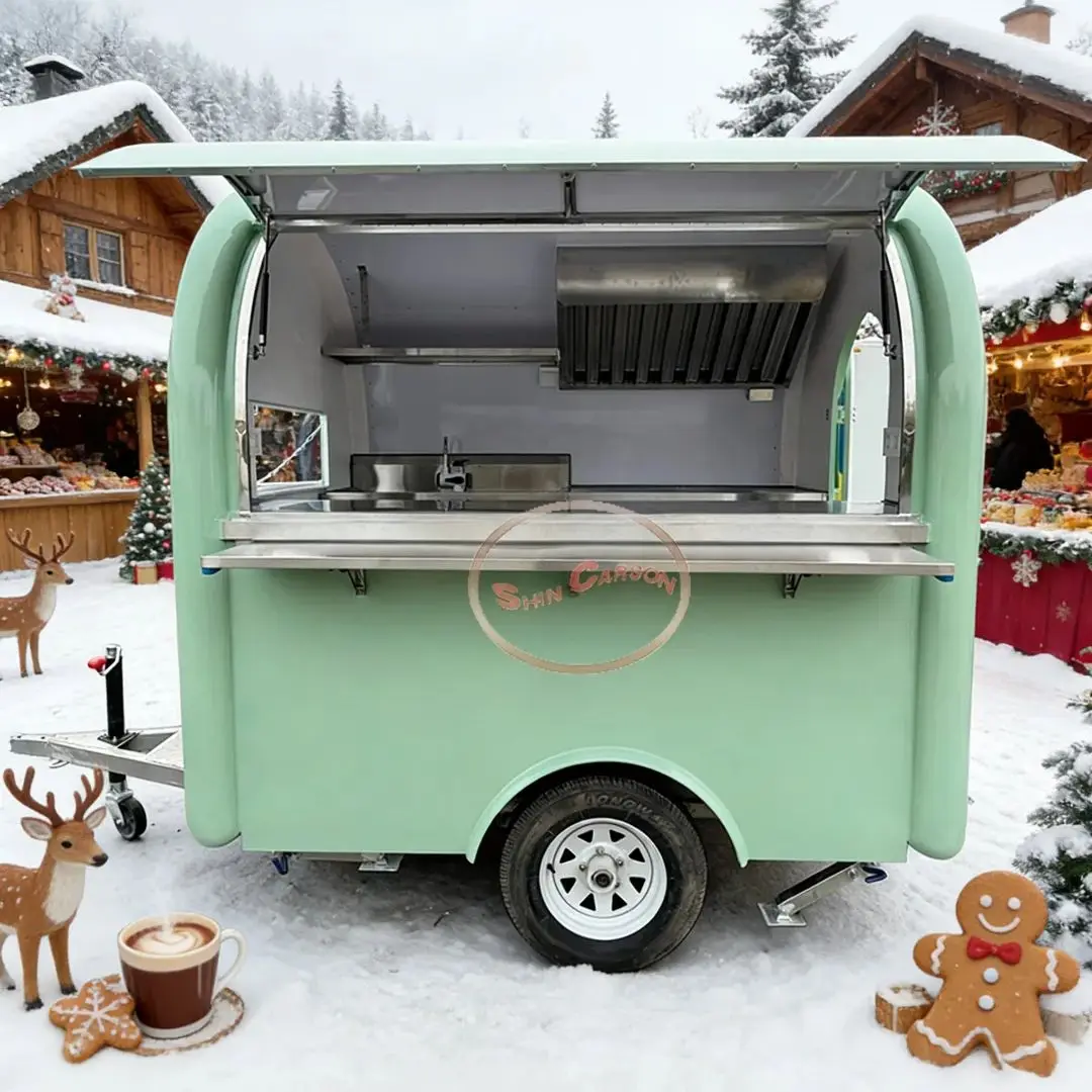 

Commercial Towable Fiberglass Food Vending Cart with Stainless Steel Counter Mobile Kitchen Trailer for Outdoor Catering Events