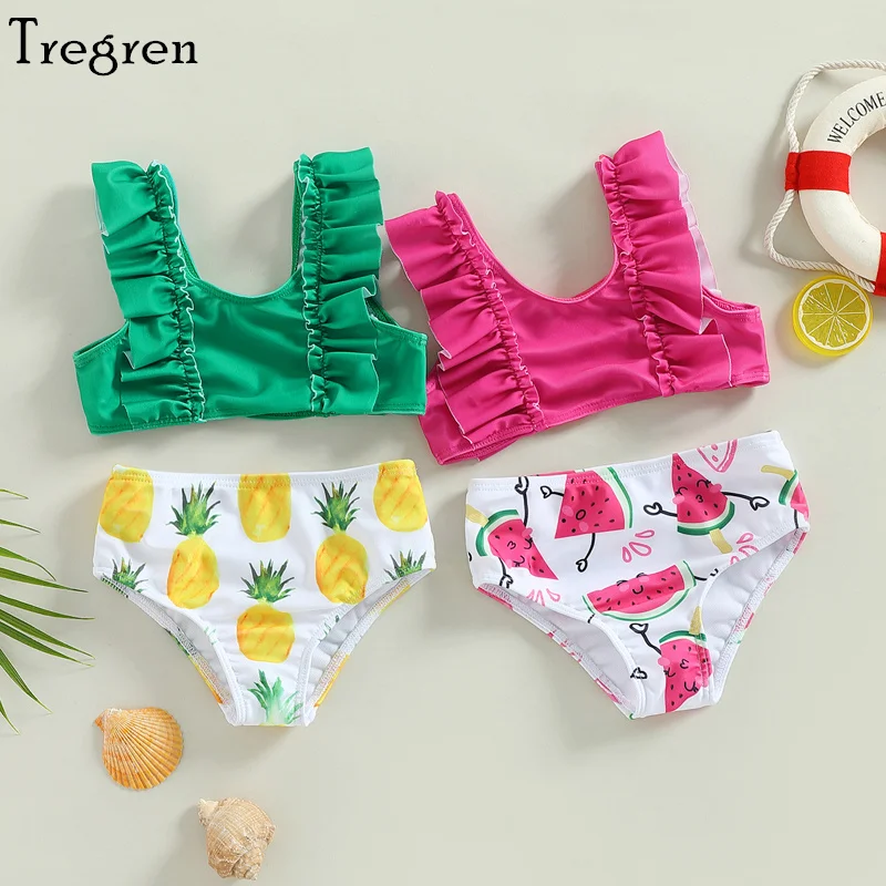 Tregren Kid Girls Swimwear Summer Sleeveless Patchwork Tops + Watermelon/Pineapple Print Briefs 2pcs Bikini Set Beach Swimsuit