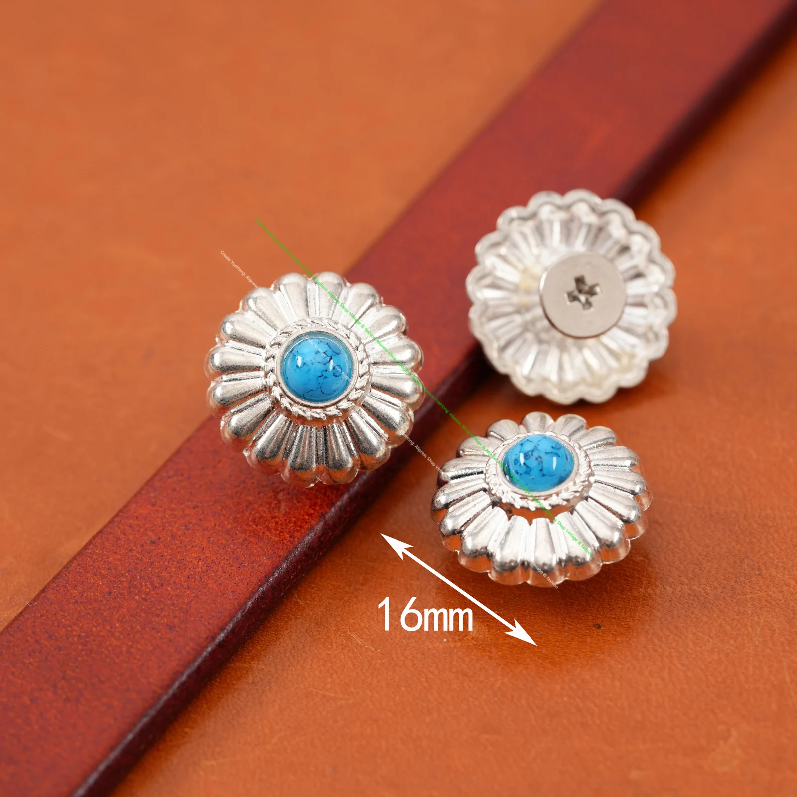 10PC 16MM WESTERN FLORAL BEAUTY TURQUOISE BEADS BLING SLIVER LEATHERCRAFT GARMENT CONCHOS DECOR SCREWBACK