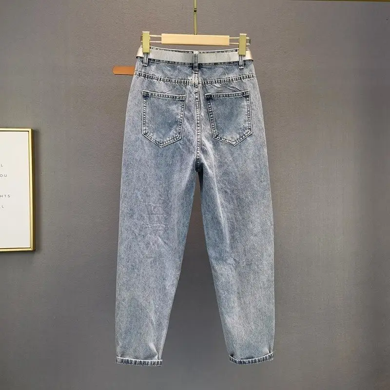 Women\'s Fashion Jeans Ripped Jeans New Loose High Waist Jeans Beads Rhinestones Harem Pants Female Street Holes Denim Trousers