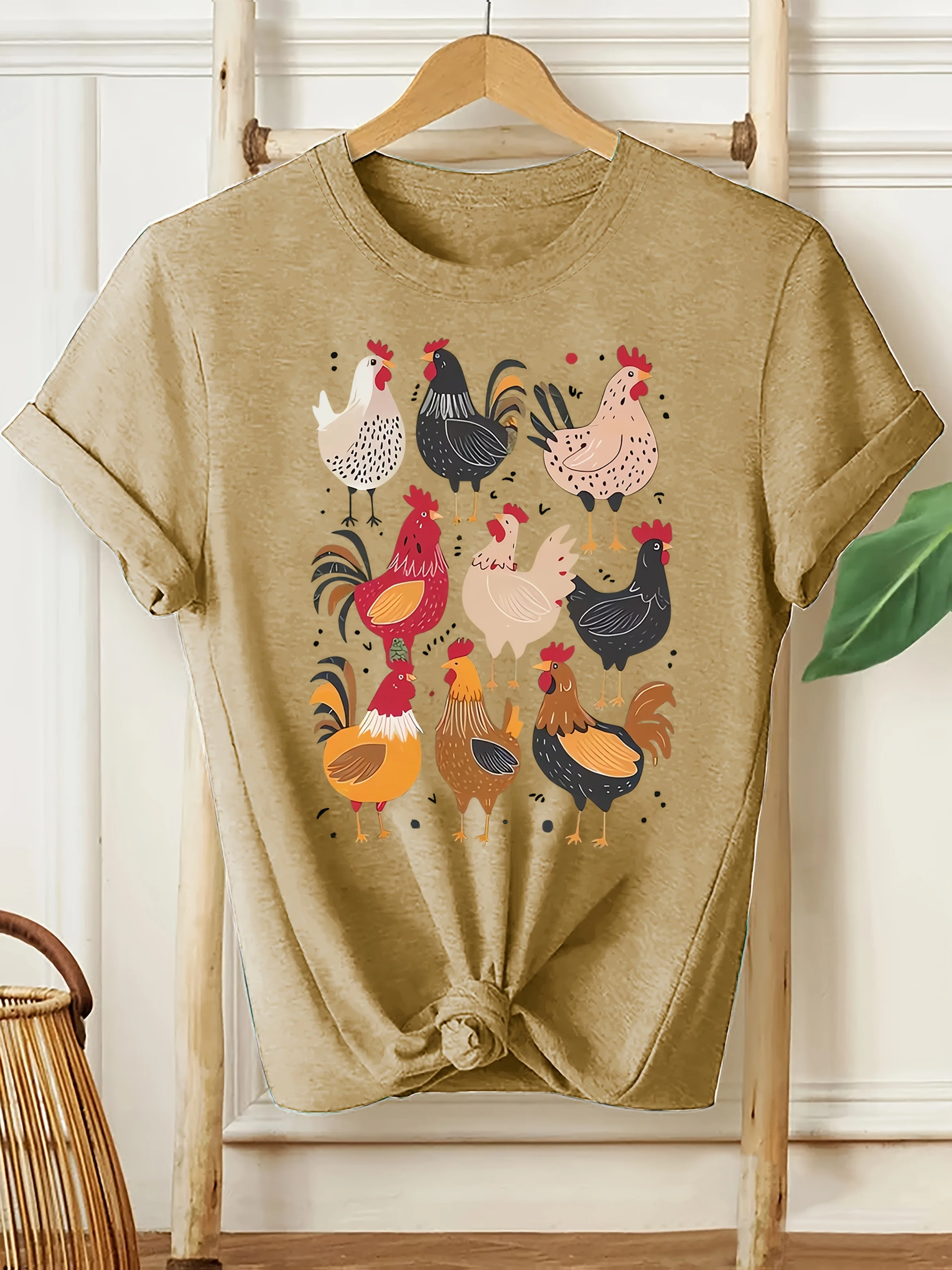 Women Crew Neck Rolled Short Sleeve T-Shirt Farm Chicken Rooster Animal Print Casual Summer Daily Tees