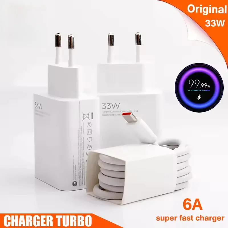 

100% Оригинальное зарядное устройство Xiaomi Turbo Charger 33W 6A с кабелем USB Type-C, подходит для Xiaomi, Samsung, iPhone, быстрая зарядка, компактный кабель с функцией экономии энергии.