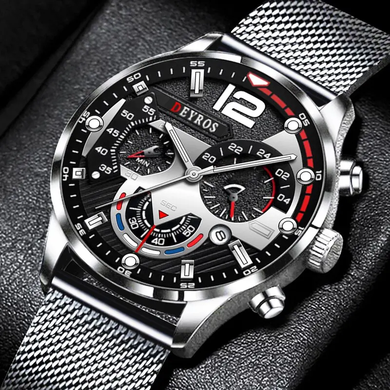 2023 Fashion Mens Business Watches Luxury Stainless Steel Mesh Belt Quartz Wrist Watch Luminous Clock Men Casual Calendar Watch