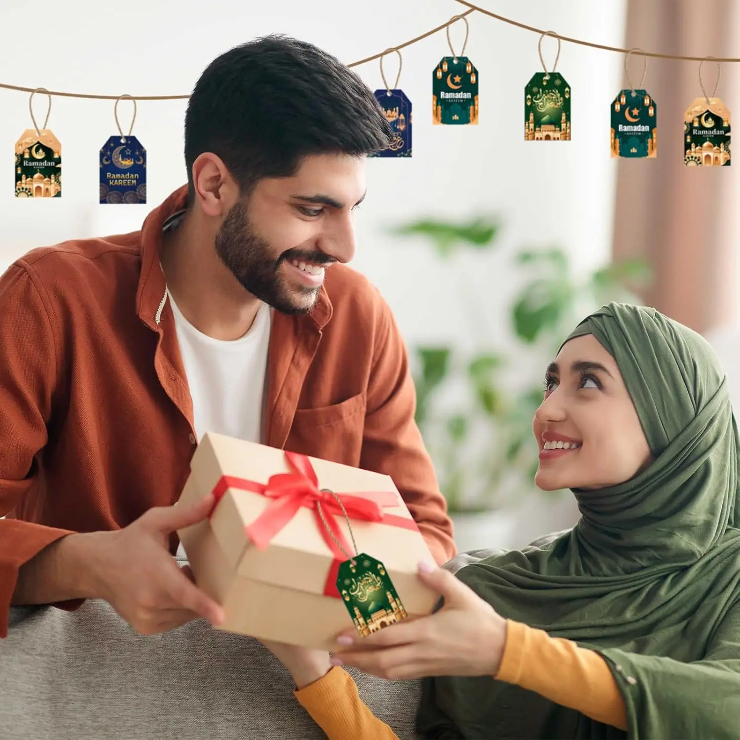 Eid Mubarak Gift Tags Ramadan Kareem Tags with String,Ramadan Mubarak Moon Castle Paper Labels for Eid Islamic Muslim Party