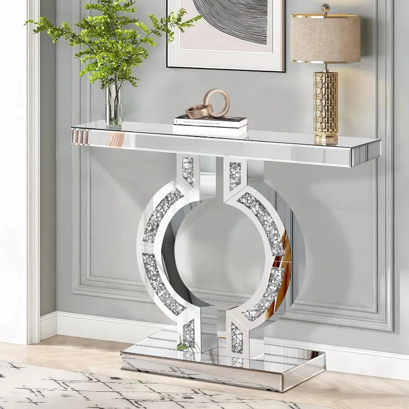 

Серебряный зеркальный консольный столик с ромбовидной инкрустацией, современный стол в прихожей длиной 39,4 дюйма для гостиной, прихожей, фойе