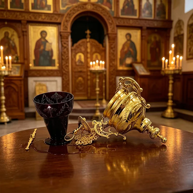 Vintage Gold Plated Orthodox Hanging Incense Burner Censer with Purple Glass Cup for Church Liturgy Home Altar Christian Gift