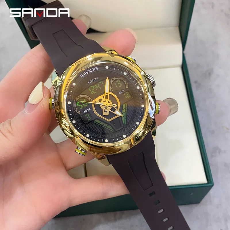 SANDA New Product Dual Display Watch For Men Multifunctional Fashion Sports Watch Luminous LED Electronic Watch Waterproof Clock