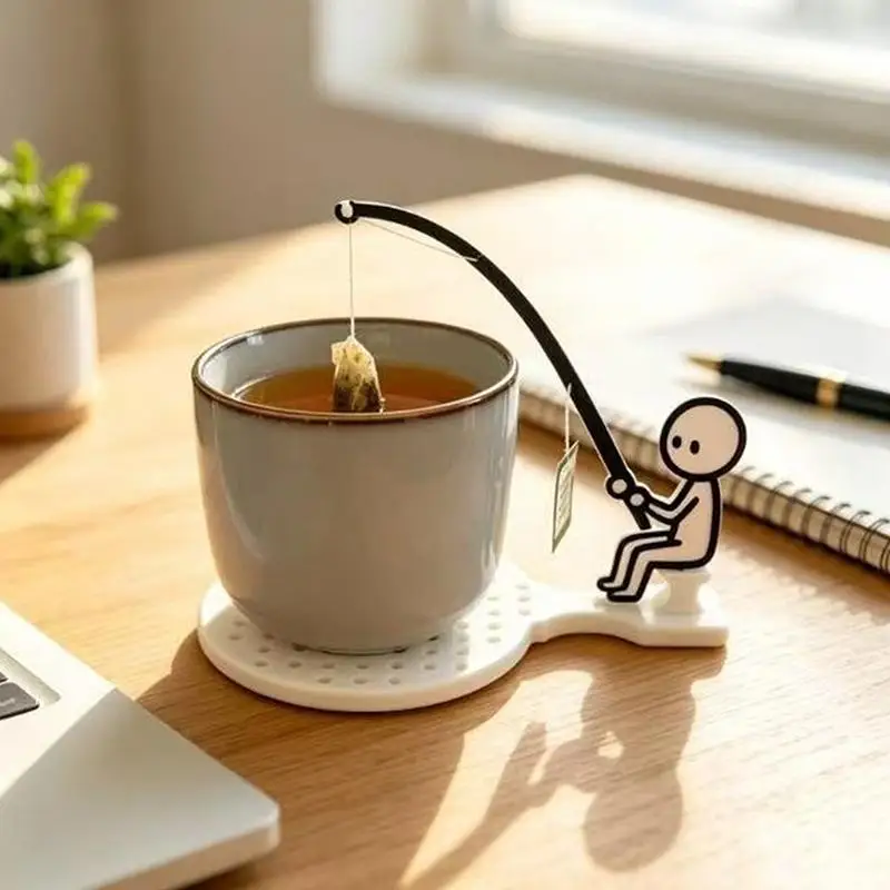 1Set Creative And Fun Little Man Fishing Coaster Tea Bag Holder With Stretchable Teacup Clip Control Interest Drinking Tool