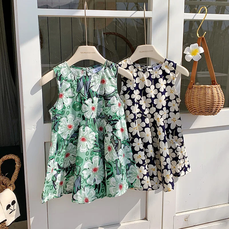 

United States style girl dress 2024 summer new crew-neck sundress small and medium-sized children's dress floral style skirt