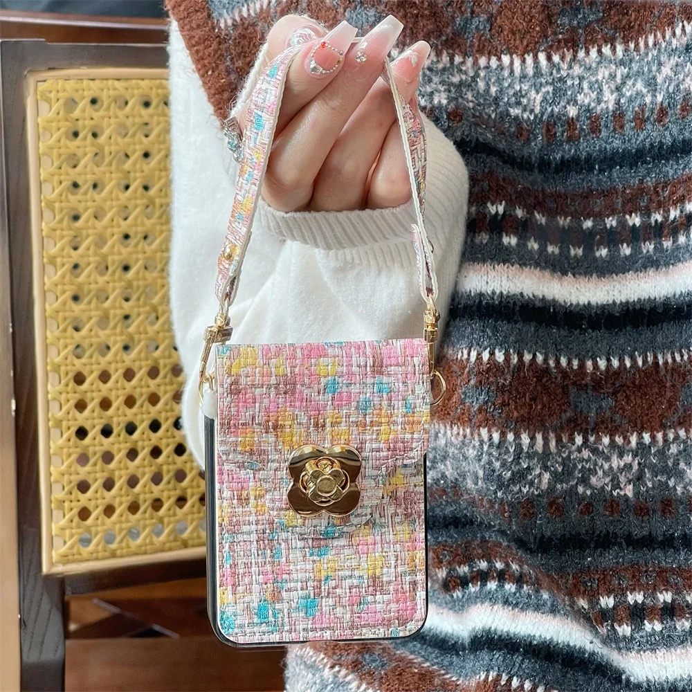 Pulseira de pulso caso de telefone para samsung galaxy z flip 6 5 4 3 flip6 flip5 flip4 flip3 5g titular do cartão mão corda tecer capa de couro do plutônio