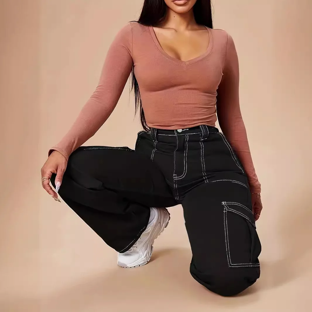 กางเกงยีนส์ผู้หญิง ฤดูใบไม้ผลิ ฤดูใบไม้ร่วง 2025 รุ่นใหม่ ทันสมัย สไตล์สตรีท ดีไซน์กระเป๋าหลายช่อง เอวสูง ทรงตรง สบายๆ