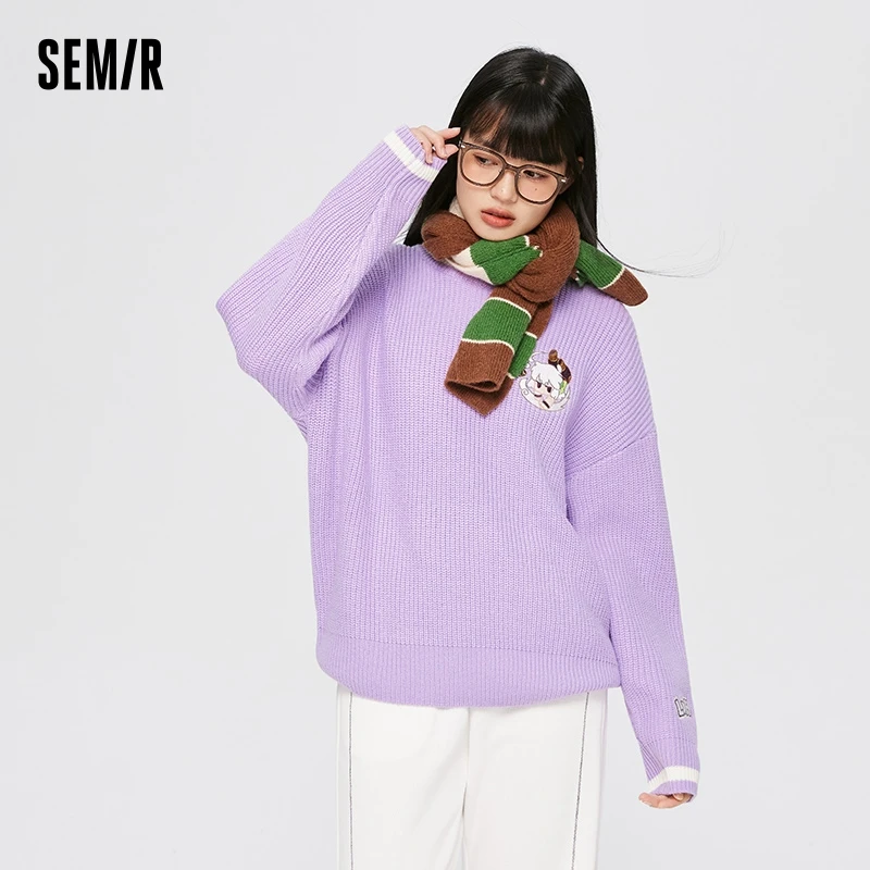 Semir Embroidered Round Neck Sweater Women Cozy and Cute Style in 2022 Winter New Loose Color-blocking Knit