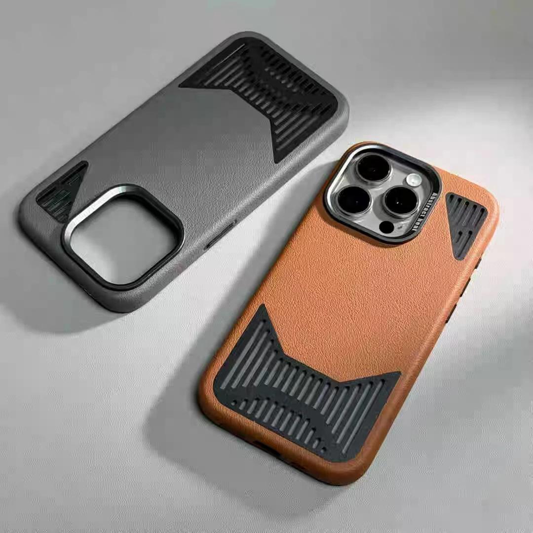 

for Magsafe Alloy Lens Hollow Heat Cooling PU Leather Phone Case for IPhone 16 12 13 14 15 Pro Max Breathable Shockproof Case
