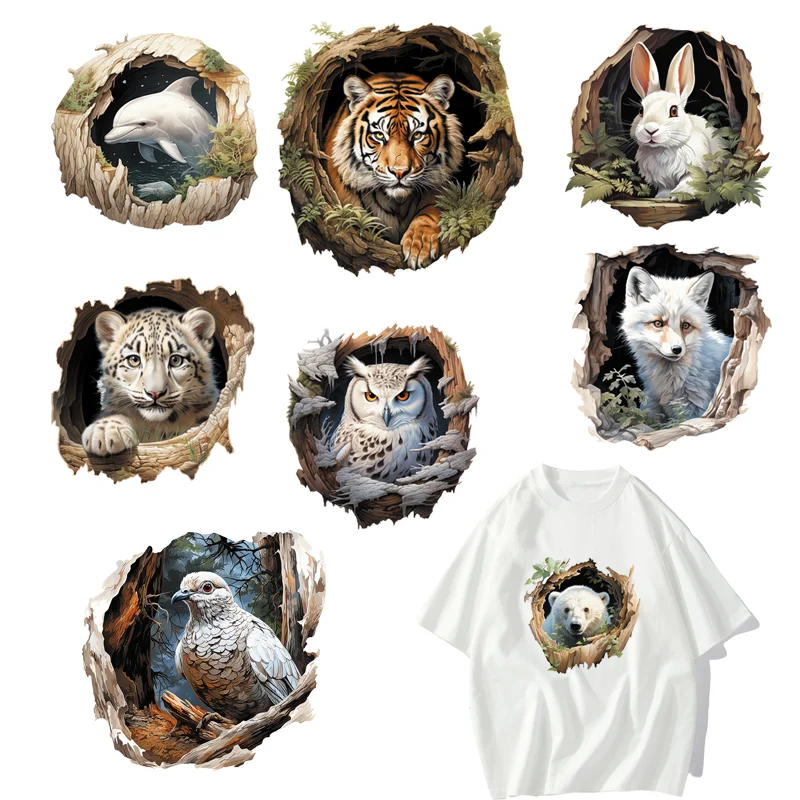 

8 types Cartoon Deep Forest Animal Tiger Owl DTF Thermo Sticker Decals Heat Transfer On Clothes Iron On Patch For wholesale