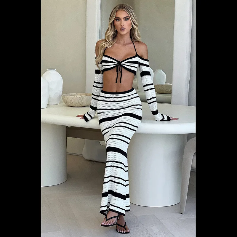 European and American Summer New Women\'s Striped Off Shoulder Hanging Neck Tie Long Sleeved Knitted Hollow Skirt Set for Women