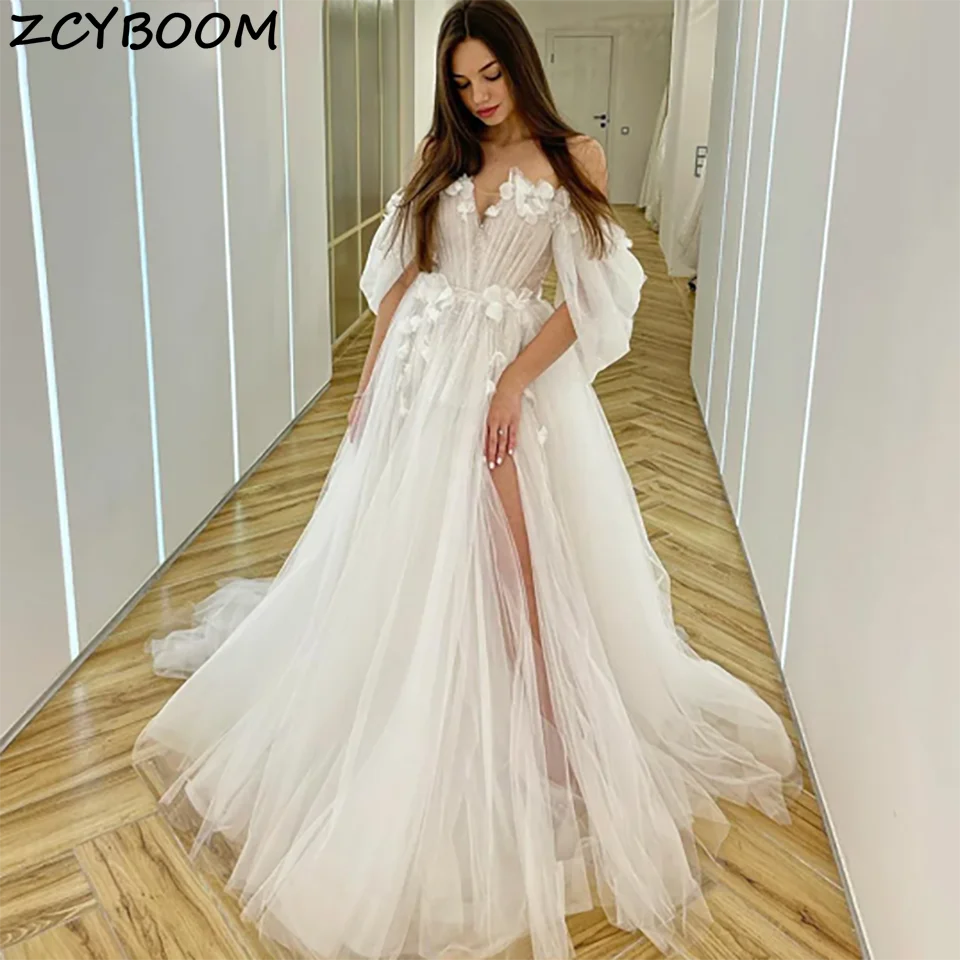

Charming 3D Lace Appliques Sweetheart Puff Sleeves A Line Wedding Dresses 2024 Backless Court Train Tulle Bridal Gowns For Women