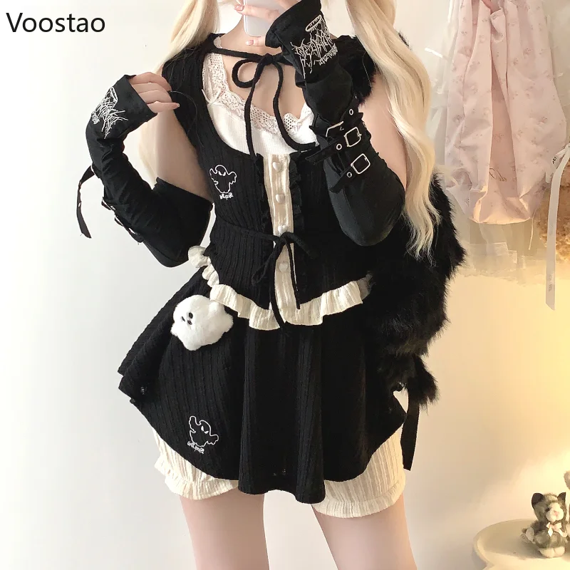 Vintage Y2k Aesthetic 2 Piece Set Women Gothic Little Ghost Embroidery Crop Tops Mini Shorts Skirts Female Harajuku Punk Suits