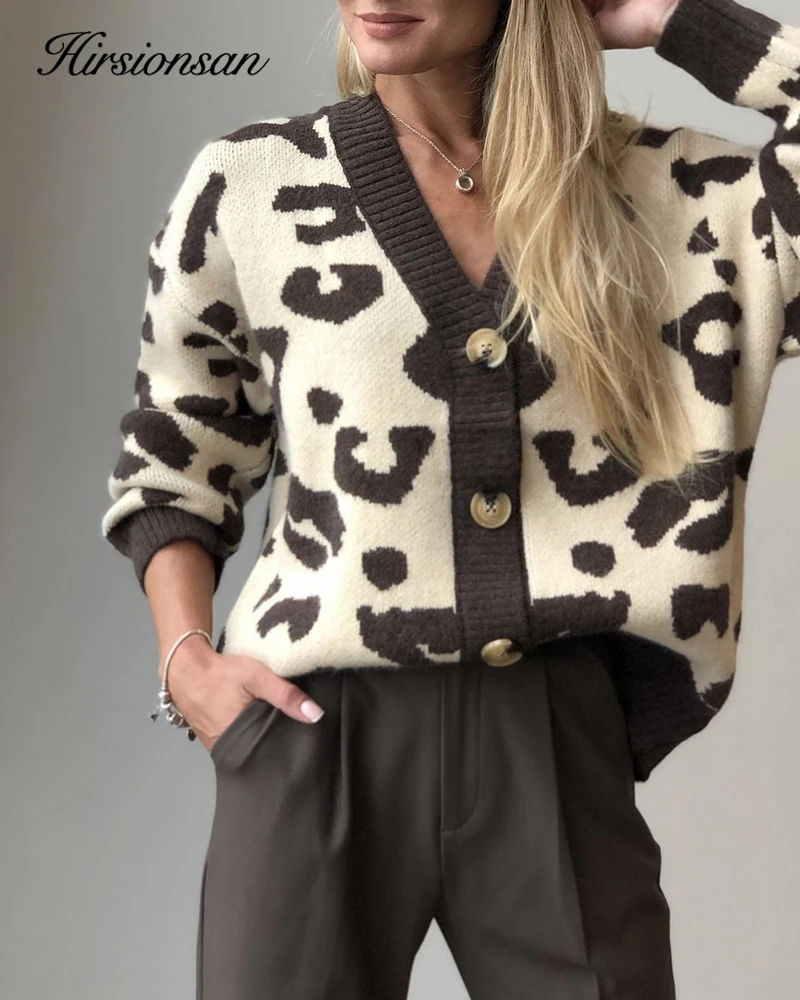 Hirsionsan Soft Knitted Leopard Cardigan Women 2023 Autumn New V Neck Y2k Crop Female Sweater Oversized Warm Ladies Clothes