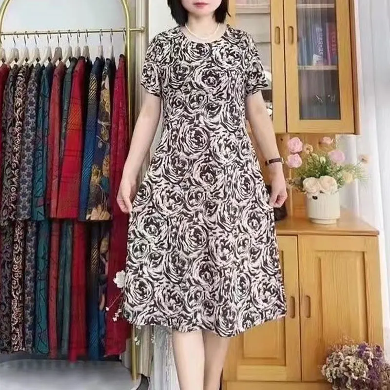 

Female Clothing Vintage Rose Midi Dress Casual Peter Pan Collar Summer Thin Short Sleeve Commute A-Line Stylish Spliced Dresses