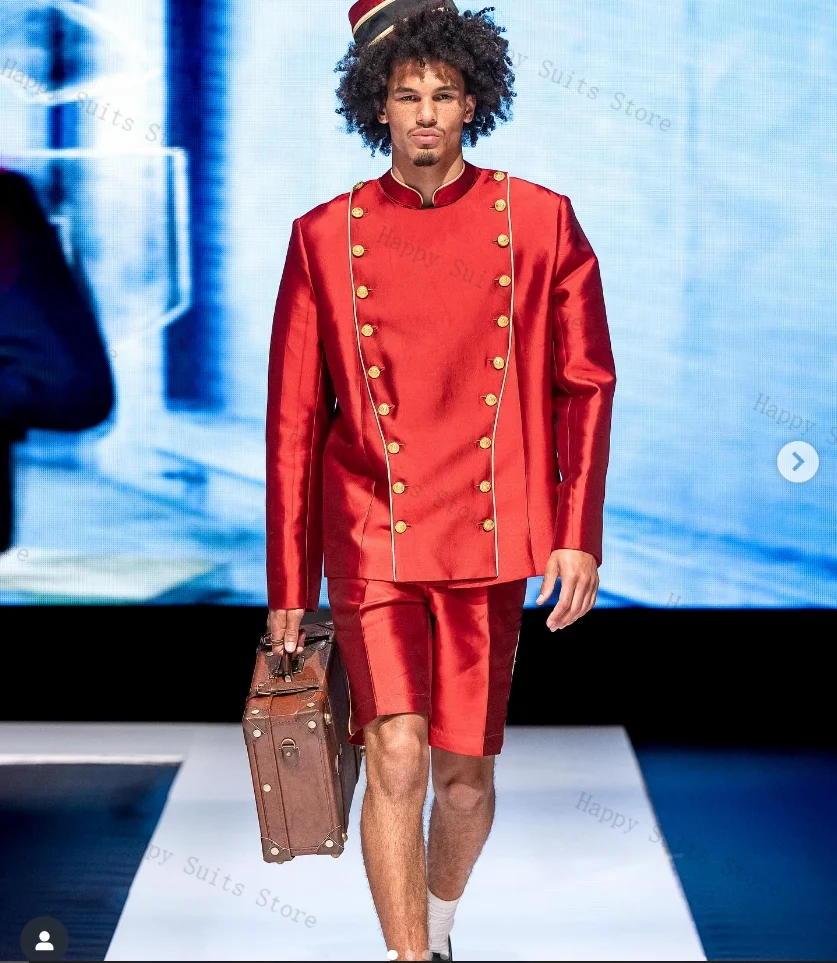 

Red Satin Men Suit Set 2 Pieces Blazer+Short Pants Trousers Fashion Groom Wedding Tuxedo Formal Office Customized Jacket Coat