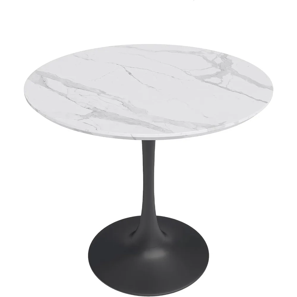 

Cafe Kitchen Table, White Faux Marble and Black, Mid-Century Modern Pedestal Table