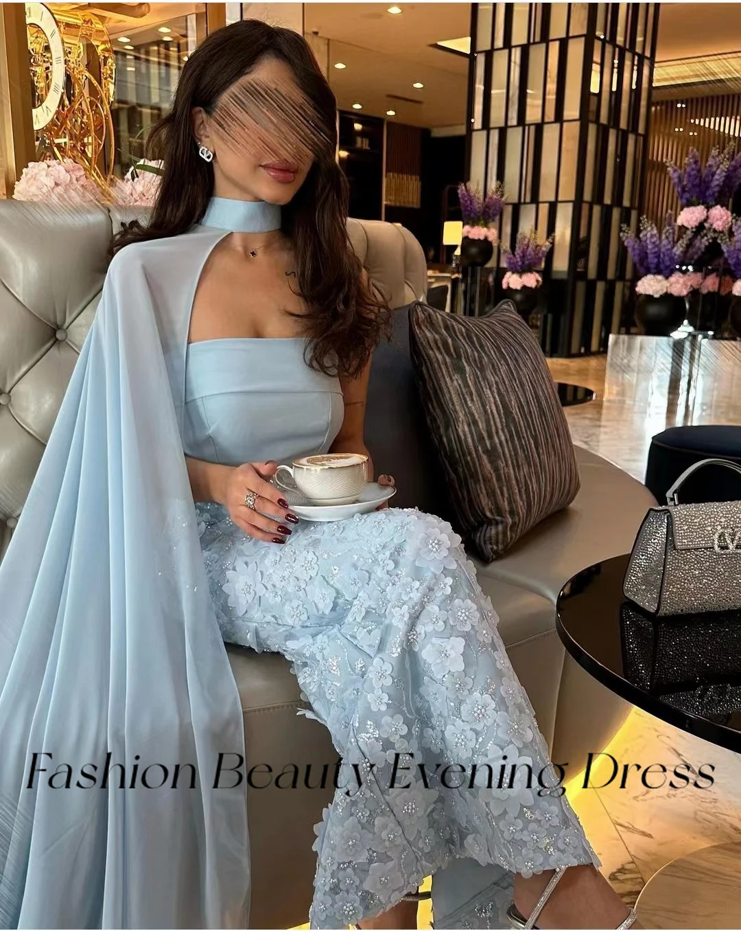 Fashion Beauty Sky Blue Evening Dresses Strapless Two-Piece Flower Bead Elgeant Formal Party Dress For Women 2024 فساتين السهرة