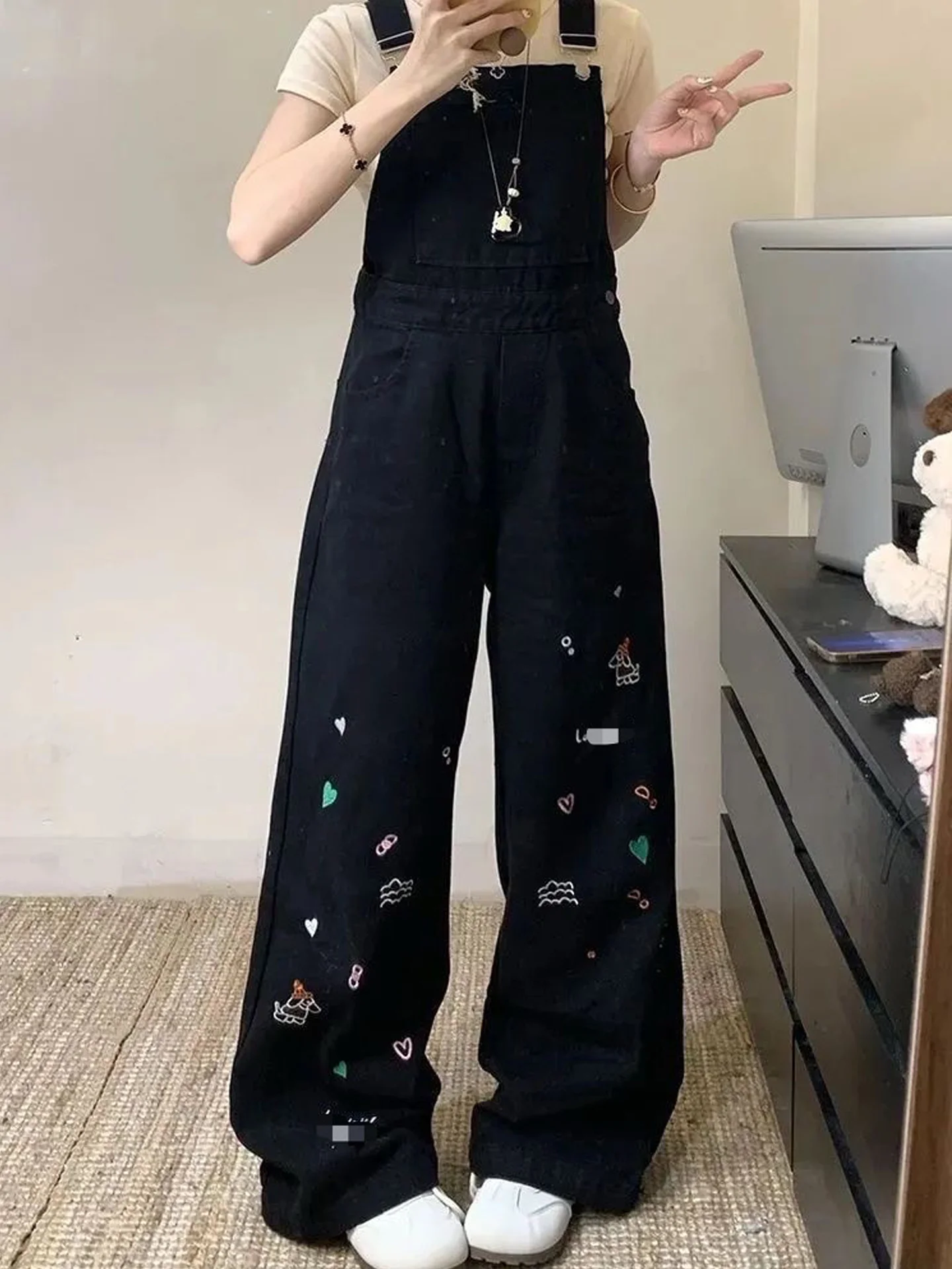 

Retro Loose Fit Embroidered Denim Overalls Women's Summer Straight Leg Design Casual High Waist Wide Leg Pants
