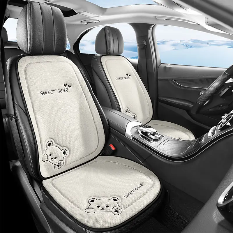 Fashion Luxury Car Seat Cushion Linen Cartoon Bear Women's Cute Anti-slip Breathable Car Seat Protect Cushion Cover Universal