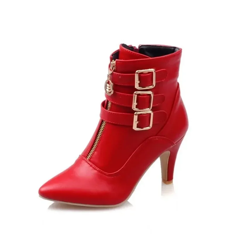 Fashion Autumn Winter Leather Women Shoes Buckle 8cm High Heel Ankle Boots Pointed Toe Women Boots For Women Size 34-43 WSH3478 image 3