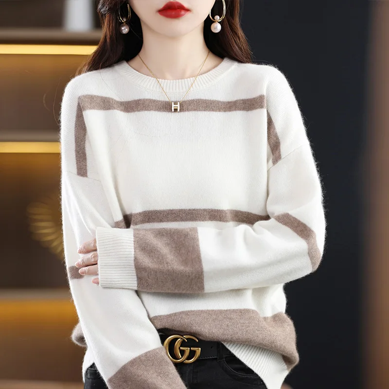 Autumn Winter New Round Neck Color Block Striped Women's Sweater 100% Pure Wool Warm Pullover Fashion Versatile Women's Clothing