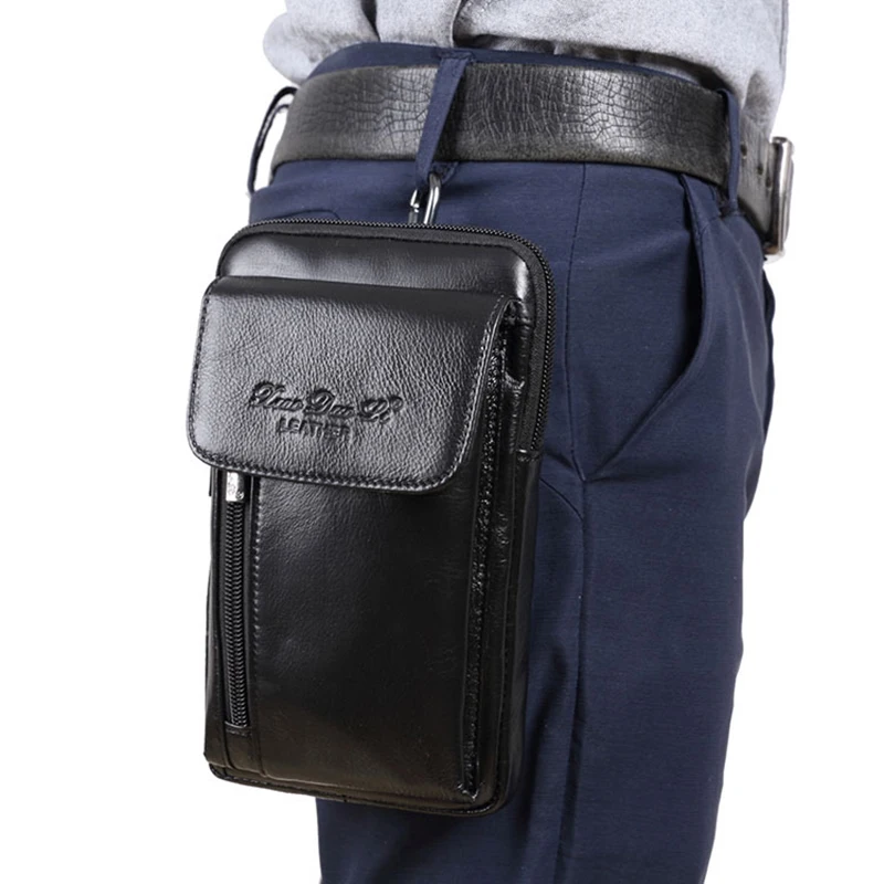 Men Small Messenger Shoulder Bag Genuine Leather  Cell Mobile Phone Case Cross Body Fanny Waist Hook Belt Pack